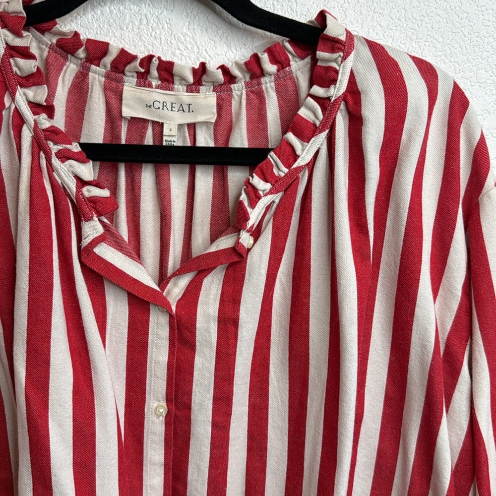 THE GREAT. Red and White Striped Button-Front Blouse - Picture 2 of 7